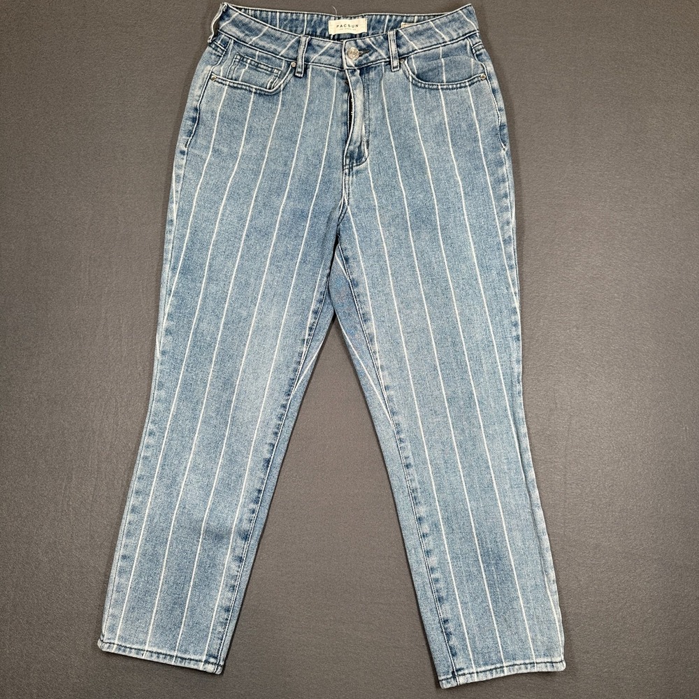 PacSun Jeans Womens 28 Blue White Striped Denim Mom Fit High Rise‎ Straight Leg